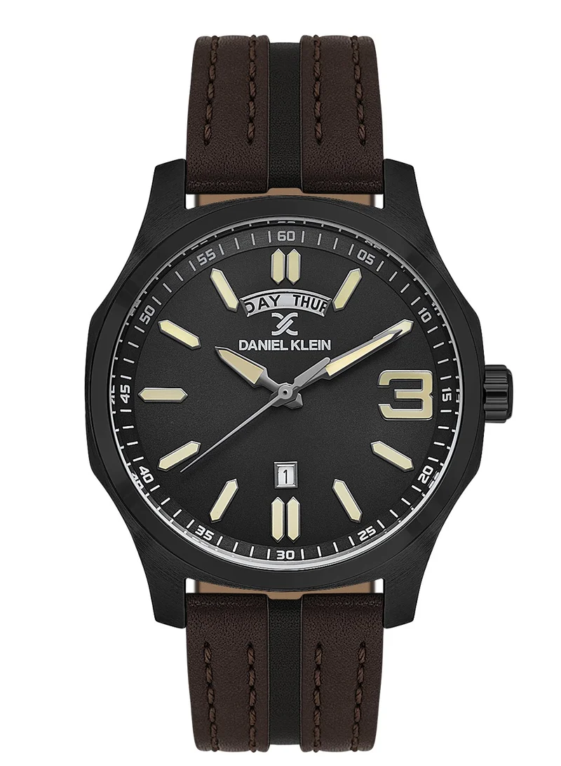 DANIEL KLEIN Men's Leather Black Alloy Case Analog Black Round Sunray Dial Japanese Quartz Premium 50 Meters Water Resistant